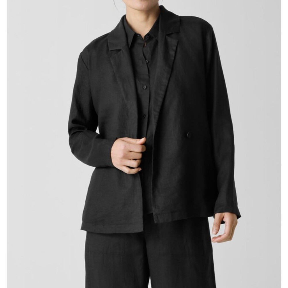 Eileen Fisher Blazer Linen Blend Jacket Black Open Front Petite M Minimalist
